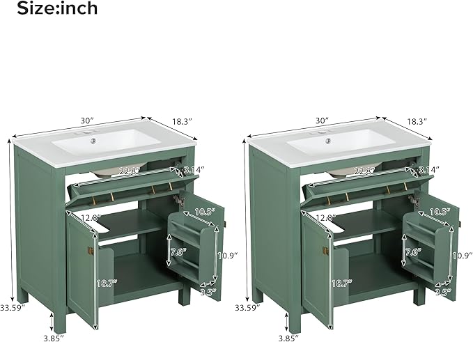 Harper & Bright Designs 60" Bathroom Vanity Set with Double Sink, Vanity Cabinet with Flip Drawer, 2 Doors, and Adjustable Shelf, Solid Wood Bathroom Cabinet with Ceramic Basin for Bathroom, Green