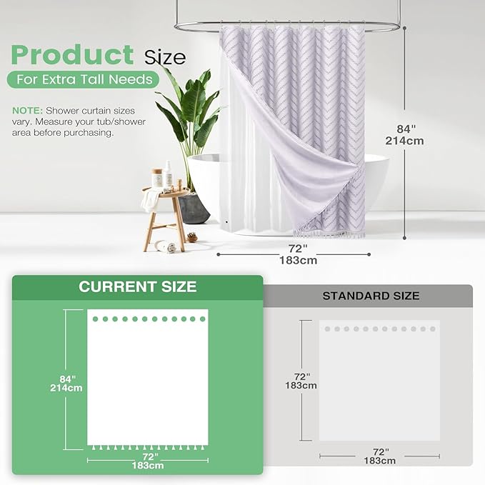 Dynamene Extra Long Shower Curtain and Liner Set - 84 inch Tall Boho Shower Curtain and Waterproof Clear Liner, Tufted Chevron Striped Tassel Shower Curtains for Bathroom, 12 Hooks, 72x84, Lavender