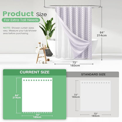 Dynamene Extra Long Shower Curtain and Liner Set - 84 inch Tall Boho Shower Curtain and Waterproof Clear Liner, Tufted Chevron Striped Tassel Shower Curtains for Bathroom, 12 Hooks, 72x84, Lavender