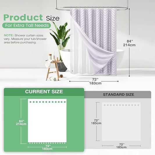 Dynamene Extra Long Shower Curtain and Liner Set - 84 inch Tall Boho Shower Curtain and Waterproof Clear Liner, Tufted Chevron Striped Tassel Shower Curtains for Bathroom, 12 Hooks, 72x84, Lavender
