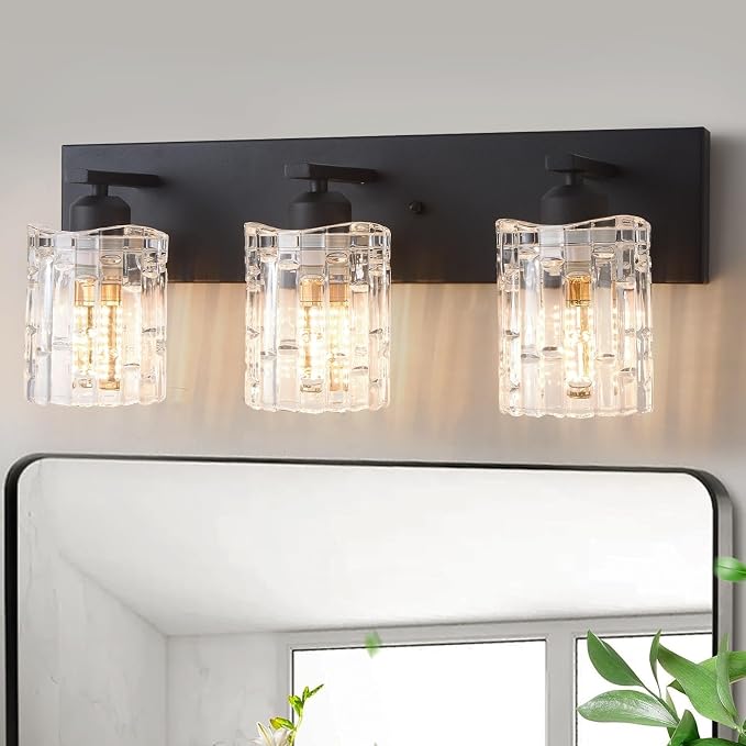3 Lights Matte Black Crystal Bathroom Vanity Light,Modern Bathroom Wall Light,Crystal Over Mirror Light Fixtures for Living Room, Bedroom, Hallway