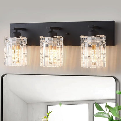 3 Lights Matte Black Crystal Bathroom Vanity Light,Modern Bathroom Wall Light,Crystal Over Mirror Light Fixtures for Living Room, Bedroom, Hallway
