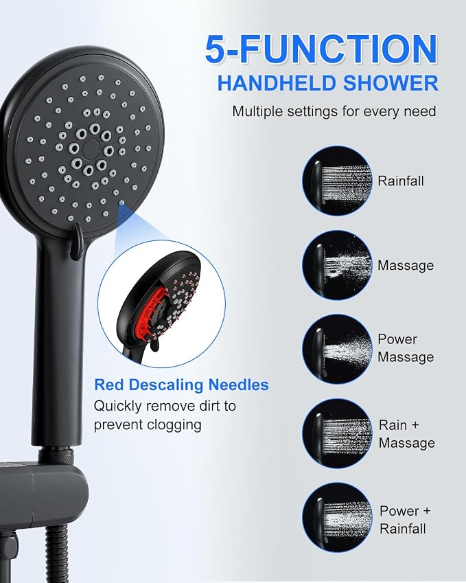 Rainfall Shower Panel Tower - 5 in 1 Full Body Shower, Matte Black | Stainless Steel Shower Column with 2 Powerful Body Jets, Handheld and Tub Spout, Brass Valves, Adjustable Shower Head