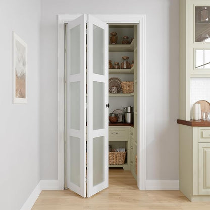 Bifold Doors for 36" x 80" Opening,3-lite Tempered Frosted Glass | Closet Folding Doors with Hardware kit Included, Easy Assembly for Pantry Closet, White,Water-Proof PVC Surface