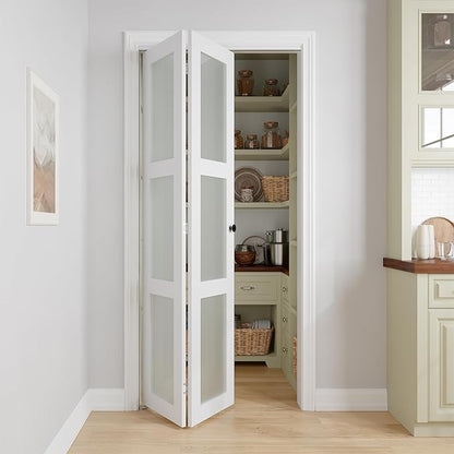 Bifold Doors for 36" x 80-3/4" Opening, 3-lite Tempered Frosted Glass Closet Folding Doors with Hardware kit Included, Easy Assembly, White | Closet Folding Doors with Hardware kit Included, Easy Assembly for Pantry Closet, White,Water-Proof PVC Surfac...