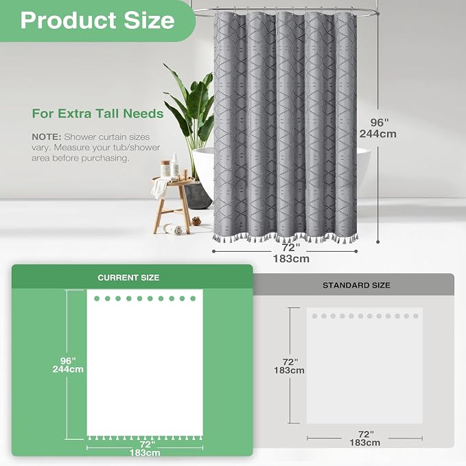 Extra Long Boho Shower Curtain Tufted Geometric 72"x96" Grey | 96 Inch Tall, Elegant Tassel, Lightweight Textured Fabric, Water Repellent, Washable, Hotel Spa, for Bathroom/Dorm 12 Hooks