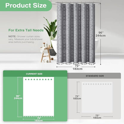 Extra Long Boho Shower Curtain Tufted Geometric 72"x96" Grey | 96 Inch Tall, Elegant Tassel, Lightweight Textured Fabric, Water Repellent, Washable, Hotel Spa, for Bathroom/Dorm 12 Hooks