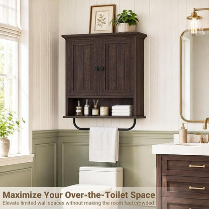 Besiost Farmhouse Bathroom Wall Medicine Cabinet with Removable Towel Bar | Over Toilet Storage Organizer, 7.9" Slim Profile, 100 Lbs Capacity, Adjustable Shelf, Soft Close Hinges Door, Black Walnut