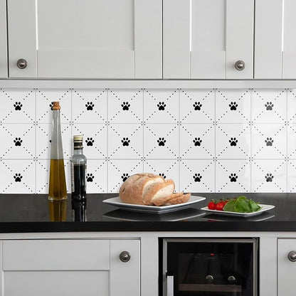 Peel & Stick Tile Stickers 12 PCS Self Adhesive Backsplash Decorative Wall Stickers for Kitchen Bathroom Tile Decals Waterproof & Removable 6" x 6" (Black Paw)
