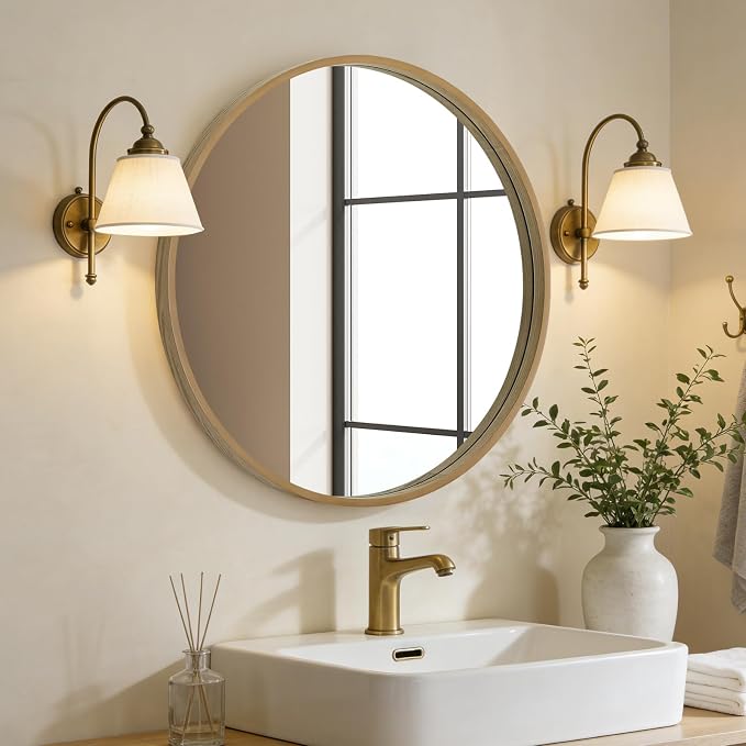 Round Wood Mirror 24 inch Circle Wall Mirror for Bathroom Round Wall Mirror for Wall Decor, Vanity, Entryway Living Room (Natural)