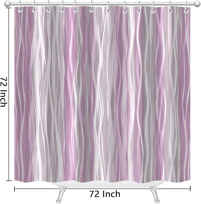 Moonslim Pink Grey Ombre Shower Curtain, Modern Wavy Abstract Striped Line Bathroom Curtain, Waterproof Fabric Bath Decor, 72 x 72 Inch
