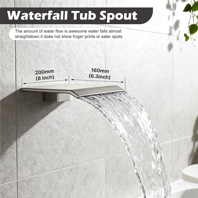 Midanya Shower System with Tub Spout,12 Inch Shower Head,Brushed Nickel | with Valve & Trim Kit,Square Rain Head,Handheld Sprayer,Waterfall Spout,All Metal Wall Mount Bathroom Shower Tub Faucet Set