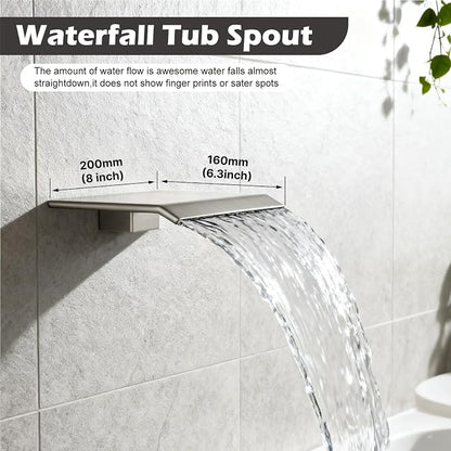 Midanya Shower System with Tub Spout,12 Inch Shower Head,Brushed Nickel | with Valve & Trim Kit,Square Rain Head,Handheld Sprayer,Waterfall Spout,All Metal Wall Mount Bathroom Shower Tub Faucet Set