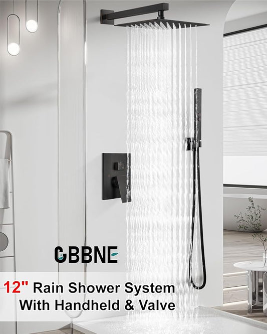 Shower Faucet Set Rainfall Shower System with Square Showerhead and Handle Set Fixture with 2 in 1 Function Handheld Sprayer Wall Mounted Trim Repair Kit Rough-in Valve 12 Inch Oil Rubbed Bronze