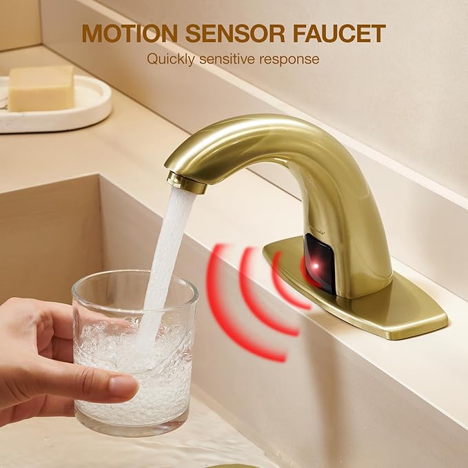 Charmingwater Touchless Bathroom Sink Faucet, Motion Automatic Sensor Faucet with Hole Cover Plate, Brushed Gold