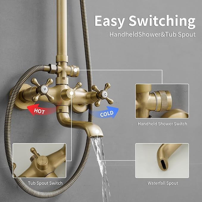 Outdoor Shower Features, Exposed Shower System 3 Function | 8 Inch Rain Shower Head,Handheld Shower Head & Tub Spout,Solid Brass,Dual Handle,High Pressure,Wall Mounted,Antique Brass