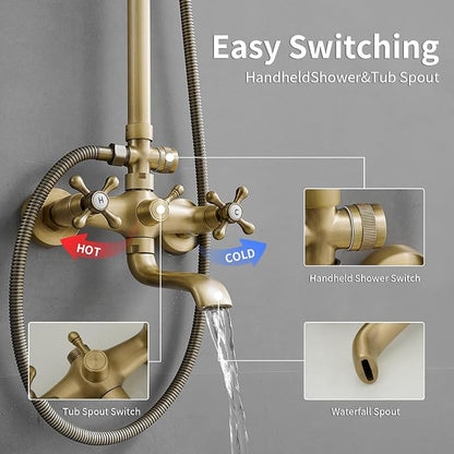 Outdoor Shower Features, Exposed Shower System 3 Function | 8 Inch Rain Shower Head,Handheld Shower Head & Tub Spout,Solid Brass,Dual Handle,High Pressure,Wall Mounted,Antique Brass