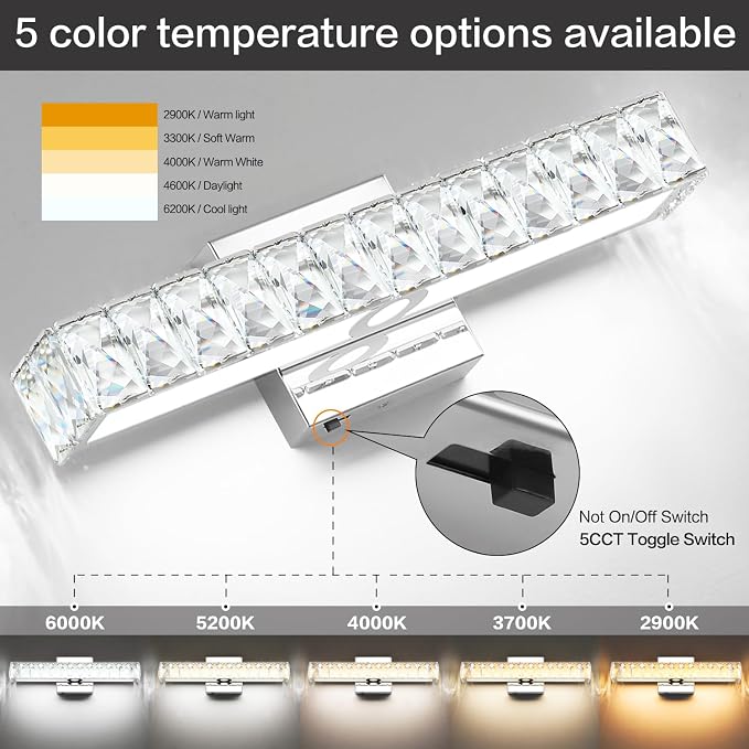 SOLFART Crystal Vanity Lights for Bathroom, 5 Color Adjustable Dimmable,16.5 Inch LED Bathroom Vanity Light Fixtures 5CCT