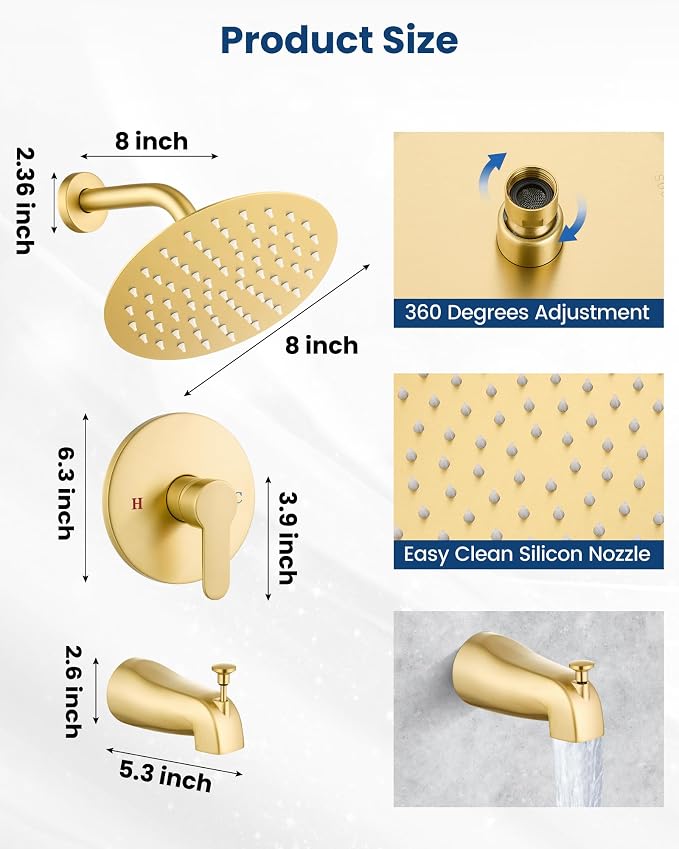 Airuida Shower Faucet Set with Tub Spout,8" Bathtub Faucet-Brushed Gold | Male Threads Rough-In Valve,Round Head Shower System,Tub and Shower Kit Set