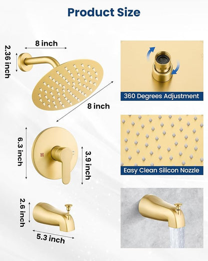 Airuida Shower Faucet Set with Tub Spout,8" Bathtub Faucet-Brushed Gold | Male Threads Rough-In Valve,Round Head Shower System,Tub and Shower Kit Set