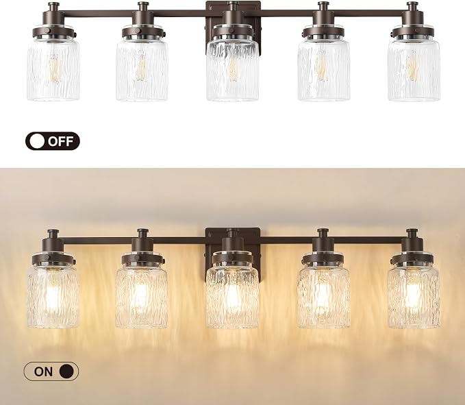 5 Light Bathroom Vanity Light Fixtures Farmhouse Oil Rubbed Bronze | ETL Certificate, Easy to Install,Wall Mount Up or Down,Hammered Glass Lampshade,E26 Socket,Hardwired,120V