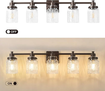 5 Light Bathroom Vanity Light Fixtures Farmhouse Oil Rubbed Bronze | ETL Certificate, Easy to Install,Wall Mount Up or Down,Hammered Glass Lampshade,E26 Socket,Hardwired,120V
