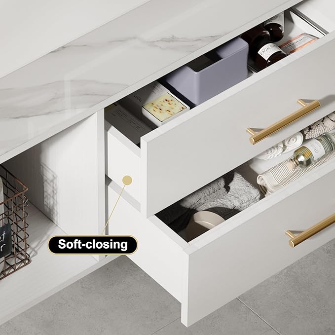 homary 39.4" Floating Bathroom Vanity with Sink, Modern Wall-Mounted Vanity Bathroom Cabinet with Sintered Stone Countertop, Undermount Sink & White, 2 Open Storage Shelves