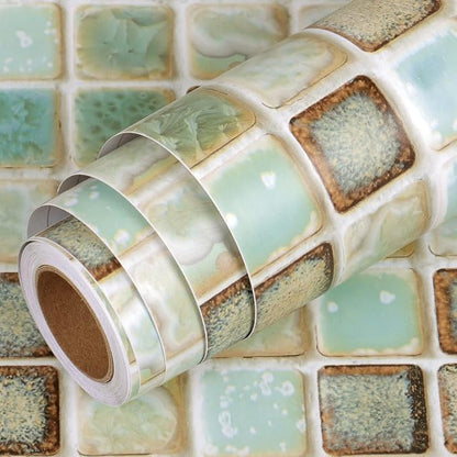 Livelynine Waterproof Wallpaper Peel and Stick Contact Paper Sage Green 15.8x394 Mosaic Tile Bathroom Wallpaper Stick on Vinyl Wrap Self Adhesive Wall Paper Roll for Kitchen Backsplash Shower