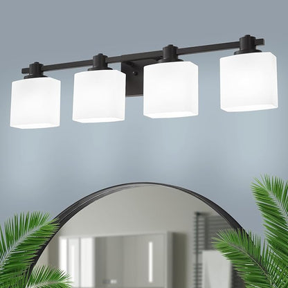 32 Inch Matte Black Bathroom Light Fixtures Over Mirror 4 Light Bathroom Vanity Light Milk Glass Makeup Shower Lamp Small Farmhouse Wall Sconce Modern Desk Vintage Rustic Bath Sink Lighting