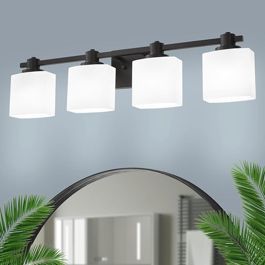 32 Inch Matte Black Bathroom Light Fixtures Over Mirror 4 Light Bathroom Vanity Light Milk Glass Makeup Shower Lamp Small Farmhouse Wall Sconce Modern Desk Vintage Rustic Bath Sink Lighting
