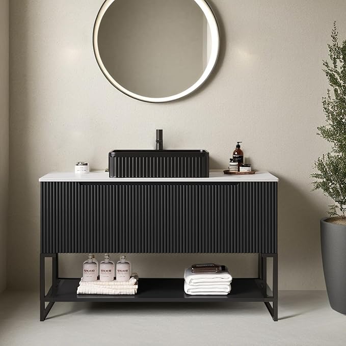 Ambrovina 48-inch Bathroom Vanity with Vessel Sink, Freestanding Bathroom Storage Cabinet with 3 Doors and Open Shelf, Rectangular Ceramic Basin and Carrara White Sintered Stone Countertop, Black