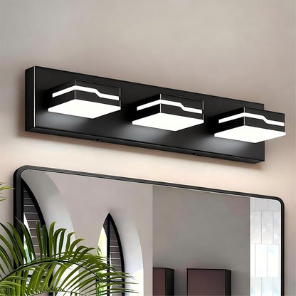 LED Modern Bathroom Vanity Light Fixtures 3-Light, 19 inch Dimmable Matte Black Vanity Lights for Bathroom Lighting Fixtures Over Mirror, with 350°Rotatable Acrylic Heads(White Light 5500K)
