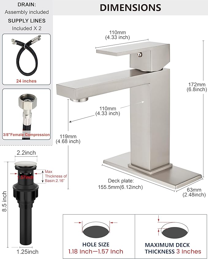 Midanya Bathroom Faucets 1 Hole, Single Handle Stainless Steel Bathroom Sink Faucet, Modern Vanity Faucets with Deck Plate,Water Supply Hoses and Pop Up Drain,Brushed Nickel