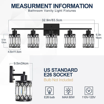 Crystal Modern Bathroom Light Fixtures, 5-Light Black Bathroom Vanity Wall Light, Vanity Lights for Mirror, Restroom, Bedroom (E26 Socket, Bulbs Not Included)
