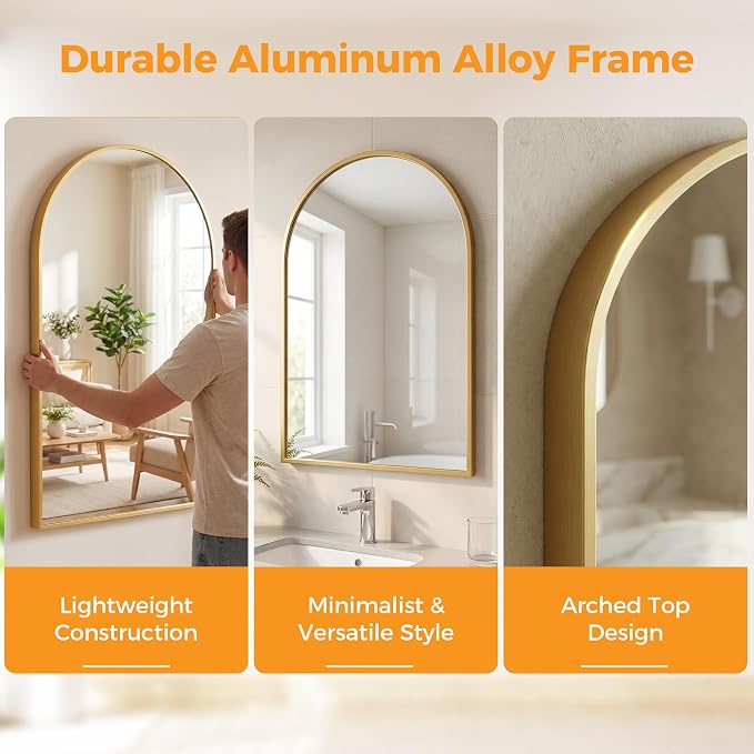 OLIXIS Arched Bathroom Wall Mirror, Vanity Mirror, 20x30 | Matte Metal Frame, Tempered Glass Shatterproof, Home Decor, Living Room, Gold