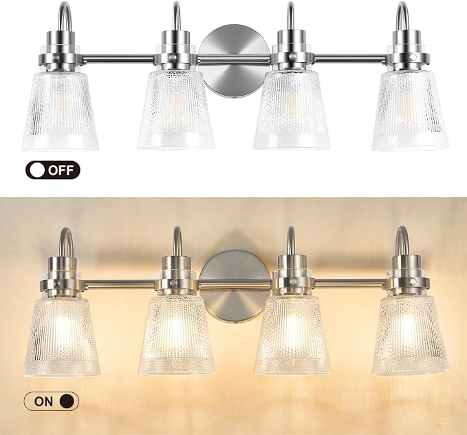 4-Light Bathroom Light Fixtures 25.7 Inch Brushed Nickel Vanity Lights for Bathroom Lighting Fixtures Over Mirror with Clear Striped Glass Shade for Mirror Bedroom Hallway