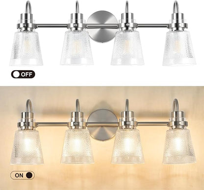 4-Light Bathroom Light Fixtures 25.7 Inch Brushed Nickel Vanity Lights for Bathroom Lighting Fixtures Over Mirror with Clear Striped Glass Shade for Mirror Bedroom Hallway