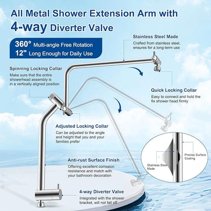 Metal 12" Rain Showerhead with 10-Spray Handheld, Easy Reach 4-way Diverter | NSF/ANSI/CAN 372 Certified, Chrome, High Pressure Shower Head with Pause Mode, 71" Stainless Steel Hose/12" Extension Arm