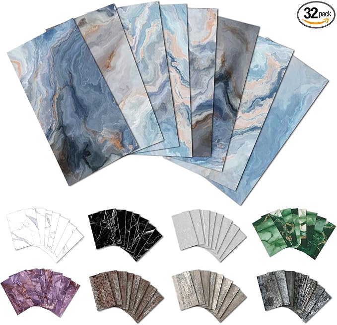 URCOLOR 32-Piece Peel and Stick Backsplash Wall Tile, 4"x 8" PVC Glossy Blue Marble Stick on Subway Tiles for Kitchen, Bathroom, Laundry Room, Camper, Fireplace