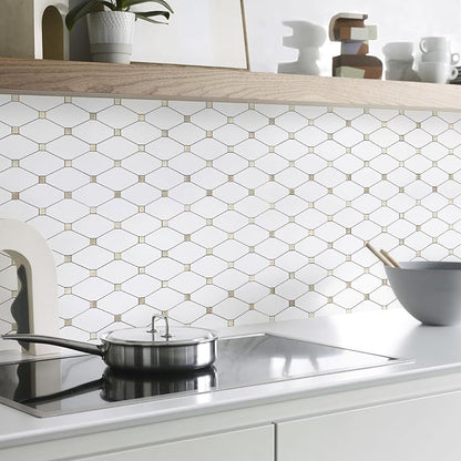 STICKGOO 10 Sheets Peel and Stick Backsplash, Pure White | PVC Mixed Metal Gold Kitchen Backsplash, Waterproof, Self Adhesive Wall Tiles for Kitchen, Bathroom, Vanities