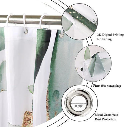 Green and Gold Leaf Shower Curtain, Sage Eucalyptus Leaves with Gold Branches Botanical Plants Fabric Bathroom Curtain Home Decor Waterproof Washable 12 Hooks, 72'' Lx60 W (GCI-8085)