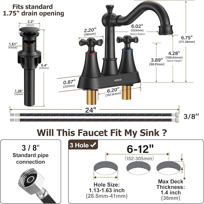 4-inch Centerset Matte Black Classical Bathroom Faucet, 2 Handles for 2 or 3 Hole Sink with 360° Swivel Spout, Pop Up Drain Assembly and Supply Hose for Vanity Sink Lavatory Faucet