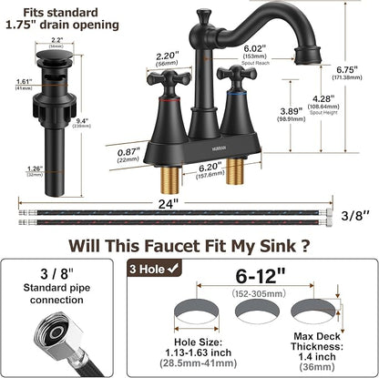 4-inch Centerset Matte Black Classical Bathroom Faucet, 2 Handles for 2 or 3 Hole Sink with 360° Swivel Spout, Pop Up Drain Assembly and Supply Hose for Vanity Sink Lavatory Faucet