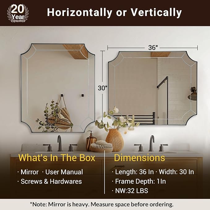 30x36 Inch Brushed Nickel Bathroom Mirror, Scalloped Mirror for Bathroom, Modern Silver Mirror with Elegant Curved Scallop Design, Anti-Rust Stainless Steel Frame, Ideal for Home Remodel