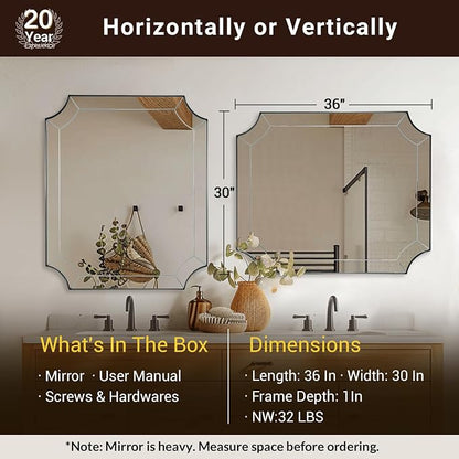 30x36 Inch Brushed Nickel Bathroom Mirror, Scalloped Mirror for Bathroom, Modern Silver Mirror with Elegant Curved Scallop Design, Anti-Rust Stainless Steel Frame, Ideal for Home Remodel