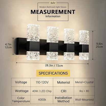 Black Bathroom Vanity Light Fixtures Bathroom Light Fixtures Over Mirror 4-Light 4000K LED Crystal Wall Sconces Modern 40W Brushed Hardwired Wall Lights for Bathroom Bedroom Living Room