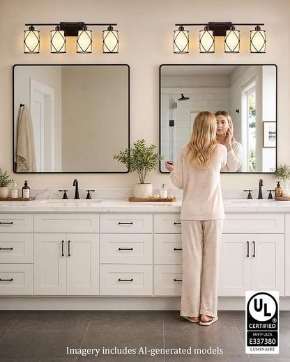 4-Light Oil Rubbed Bronze Bathroom Light Fixtures Over Mirror, 29" UL-Listed Modern Farmhouse Wall Sconce Lights with Milk White Frosted Glass and Metal Cage for Bath, E26, CH9176ORBW-4W