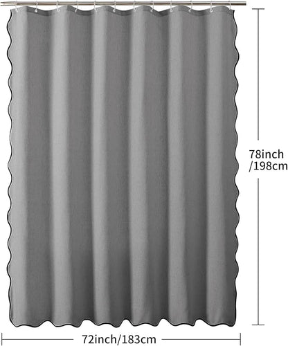 Linen Scallop Shower Curtain with 12 Clear Hooks, Waterproof, 72x78, Grey | Heavy Duty Waterproof Fabric with Black Border, Cute Modern Farmhouse Bathroom Décor