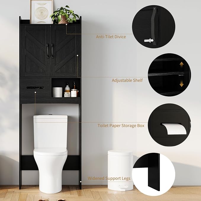 GarveeHome Over the Toilet Storage, Anti-Tip, Adjustable Shelf, Black | Bathroom Cabinet, Toilet Paper Holder, Sturdy Build, for Bathroom Restroom Laundry