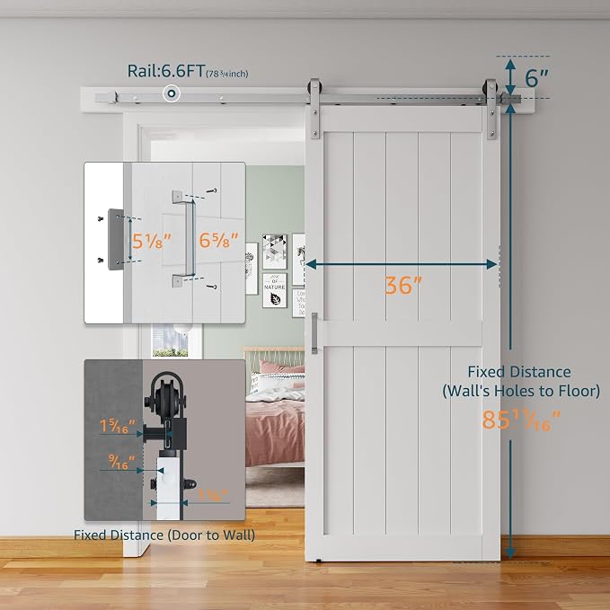 36''x84'' Sliding Barn Door with 6.6 Ft Brushed Nickel Hardware | Pre-Drilled Holes Easy Assembly - Include Installation Manual, Water-Proof PVC Surface, H-Frame, White